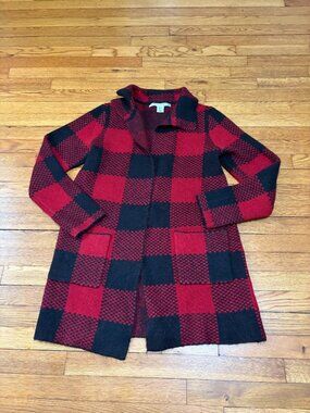 Max Studio Womens Open Front Cardigan Sweater Size Large Red Black Buffalo Plaid